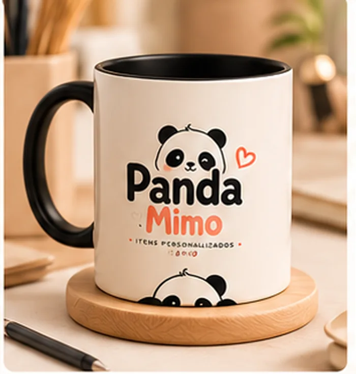 Caneca Panda Mimo sobre uma base de madeira