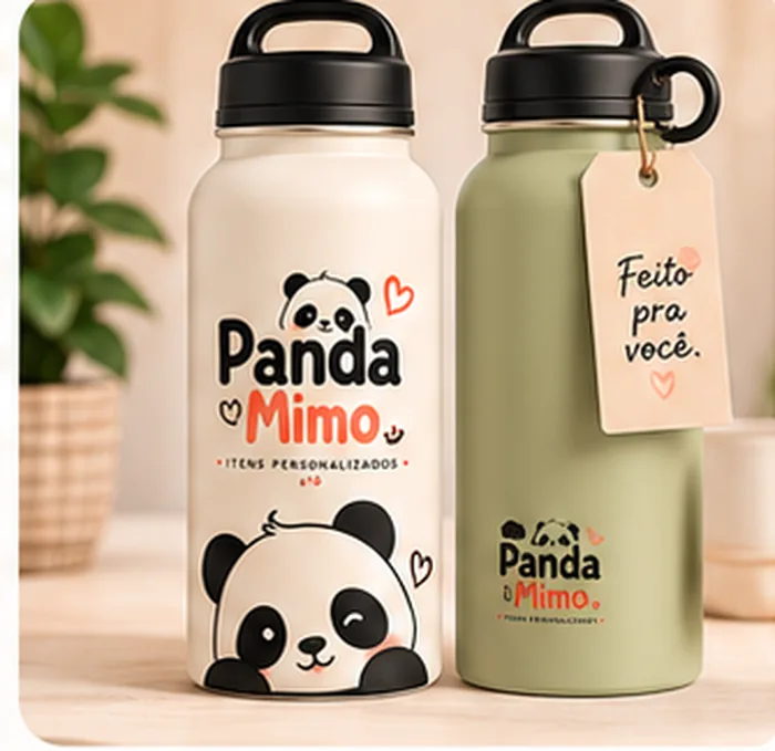 Duas garrafas térmicas Panda Mimo, uma creme e uma sálvia, com tag de papel
