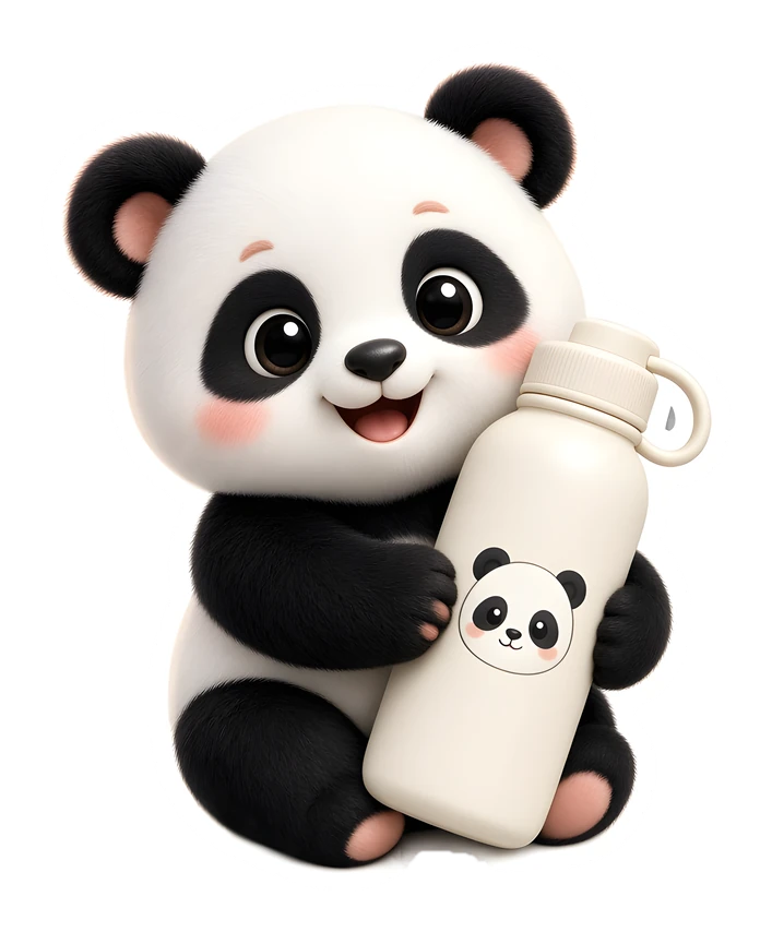Pandinha, o mascote da Panda Mimo, abraçando uma garrafa térmica personalizada