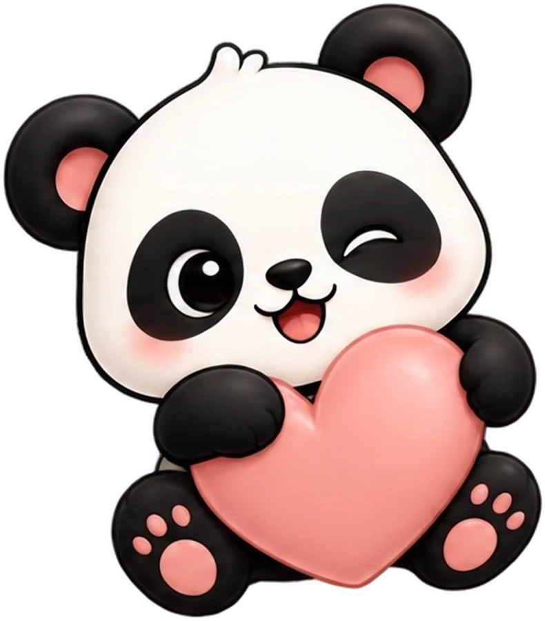 Mascote Panda Mimo abraçando um coração