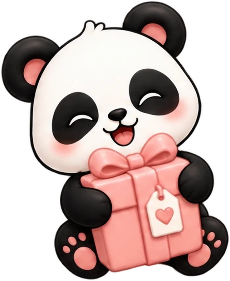 Mascote Panda Mimo segurando uma caixa de presente