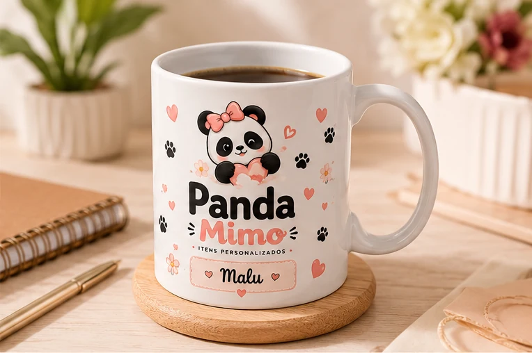 Caneca Panda Mimo com café sobre uma mesa de trabalho