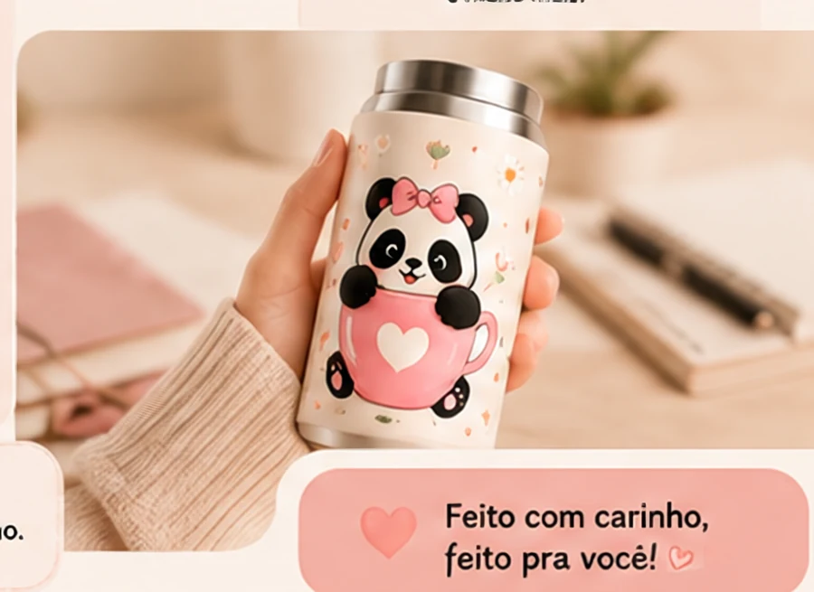 Mão segurando o copo térmico Panda Mimo