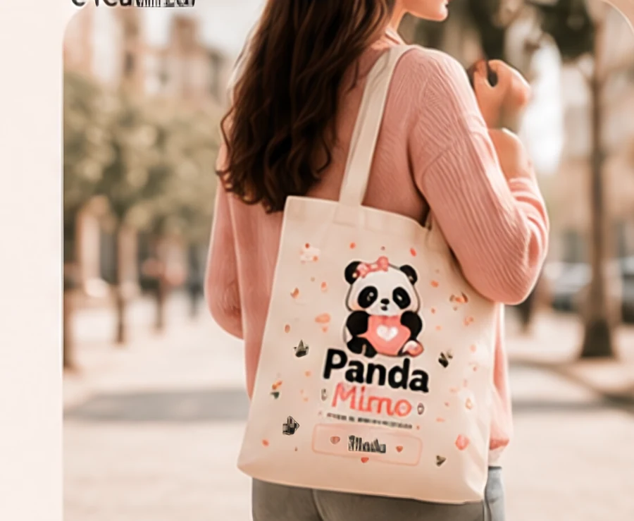 Pessoa carregando a ecobag personalizada Panda Mimo na rua